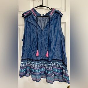 Crown & Ivy Blue and Pink Tassel Blouse